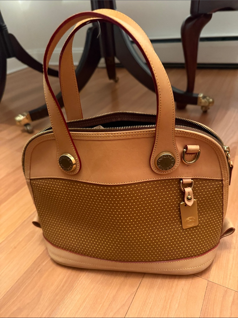 Dooney & Burke Women’s Tan and Mustard Polka Dot Satchel Bag - Leather Trim